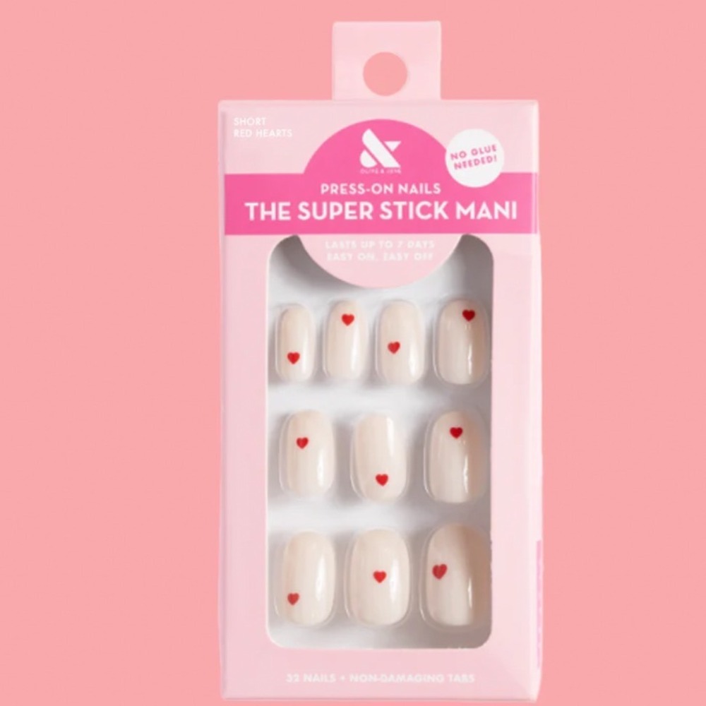 Olive & June Super Stick Mani Press-On Nails Short Round Red Hearts 32ct NEW